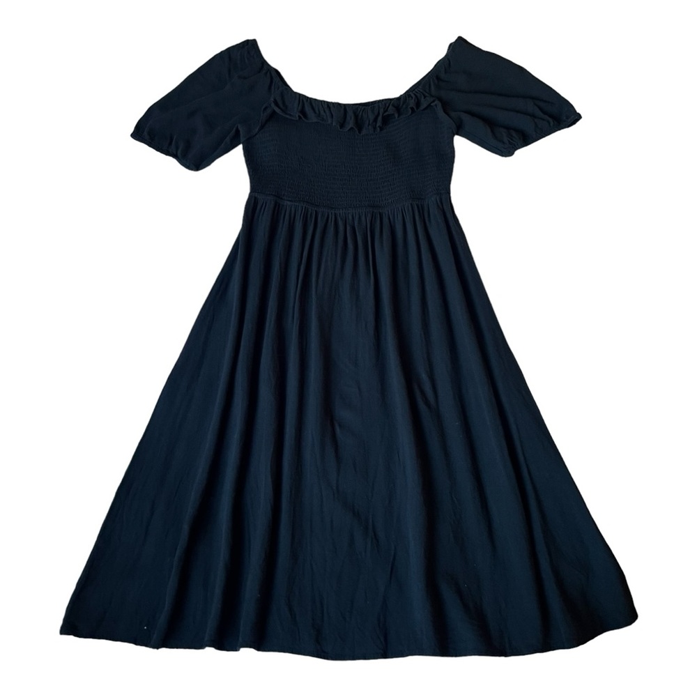 Wonderly Shirred Dress Womens Large Black Classic Ruffled Neckline Flowy Midi